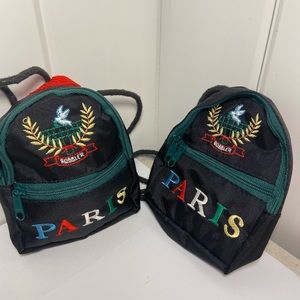 90s Vintage PARIS France Travel 2 BAG LOT mini backpack neck pouch 1990 colorful